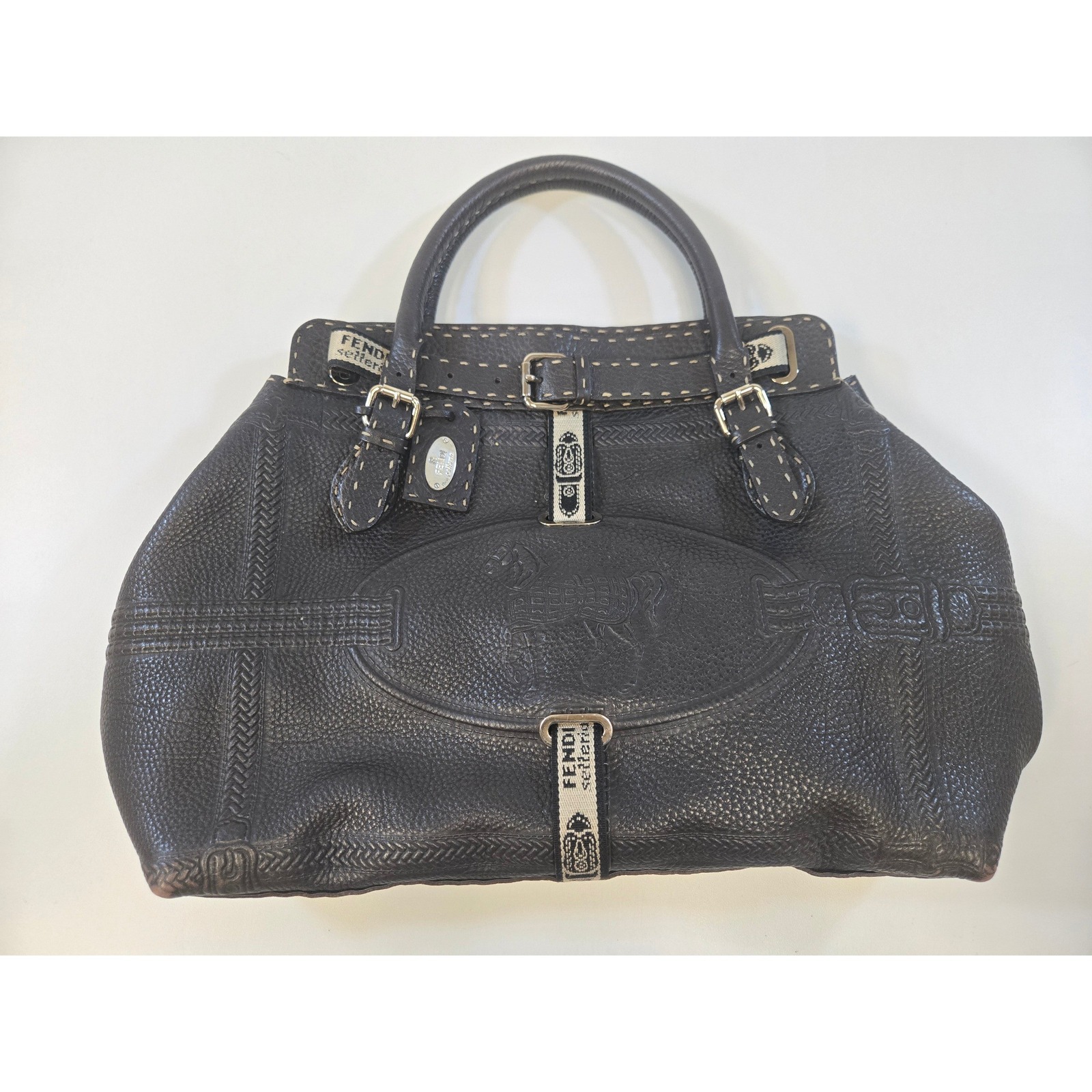 Fendi Selleria Villa Borghese Black Pebbled Roman Leather Horse Tote Bag